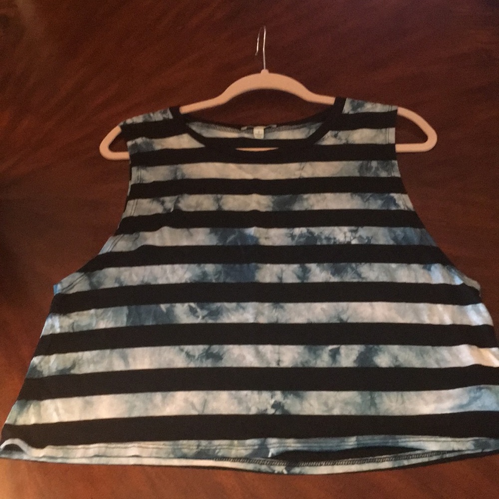 Sleeveless tie dye blue under black stripes.